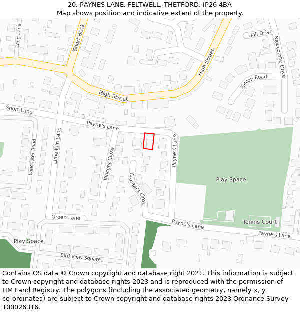 20, PAYNES LANE, FELTWELL, THETFORD, IP26 4BA: Location map and indicative extent of plot