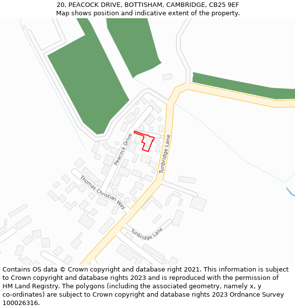 20, PEACOCK DRIVE, BOTTISHAM, CAMBRIDGE, CB25 9EF: Location map and indicative extent of plot