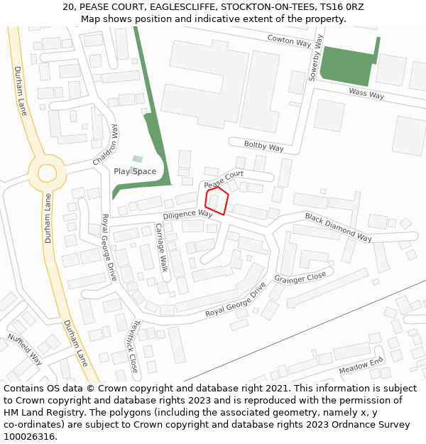 20, PEASE COURT, EAGLESCLIFFE, STOCKTON-ON-TEES, TS16 0RZ: Location map and indicative extent of plot
