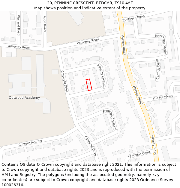20, PENNINE CRESCENT, REDCAR, TS10 4AE: Location map and indicative extent of plot