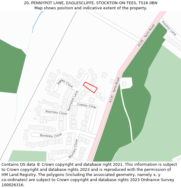 20, PENNYPOT LANE, EAGLESCLIFFE, STOCKTON-ON-TEES, TS16 0BN: Location map and indicative extent of plot