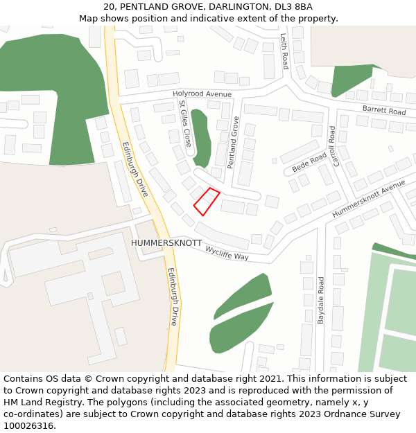 20, PENTLAND GROVE, DARLINGTON, DL3 8BA: Location map and indicative extent of plot