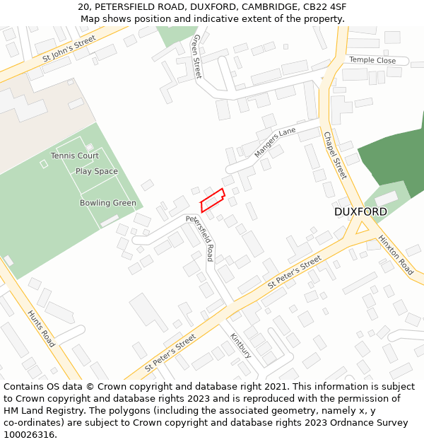 20, PETERSFIELD ROAD, DUXFORD, CAMBRIDGE, CB22 4SF: Location map and indicative extent of plot