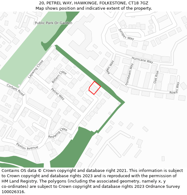 20, PETREL WAY, HAWKINGE, FOLKESTONE, CT18 7GZ: Location map and indicative extent of plot