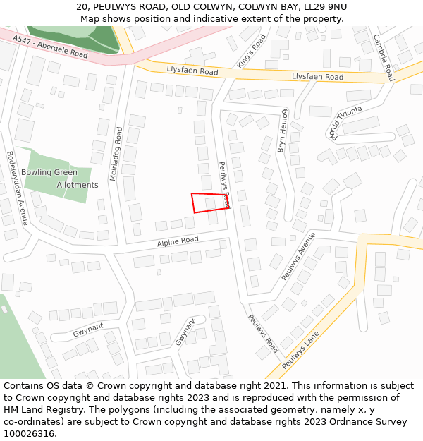 20, PEULWYS ROAD, OLD COLWYN, COLWYN BAY, LL29 9NU: Location map and indicative extent of plot