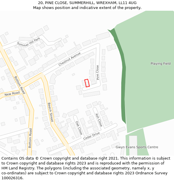 20, PINE CLOSE, SUMMERHILL, WREXHAM, LL11 4UG: Location map and indicative extent of plot