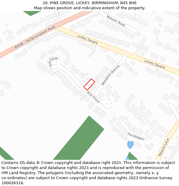 20, PINE GROVE, LICKEY, BIRMINGHAM, B45 8HE: Location map and indicative extent of plot