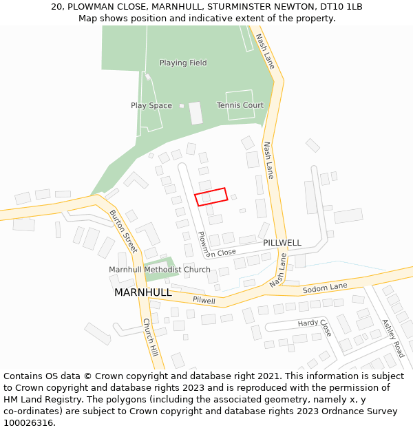 20, PLOWMAN CLOSE, MARNHULL, STURMINSTER NEWTON, DT10 1LB: Location map and indicative extent of plot