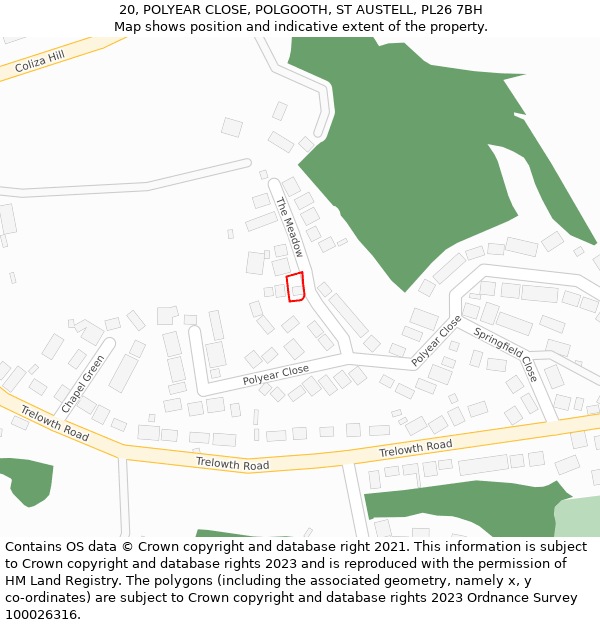 20, POLYEAR CLOSE, POLGOOTH, ST AUSTELL, PL26 7BH: Location map and indicative extent of plot