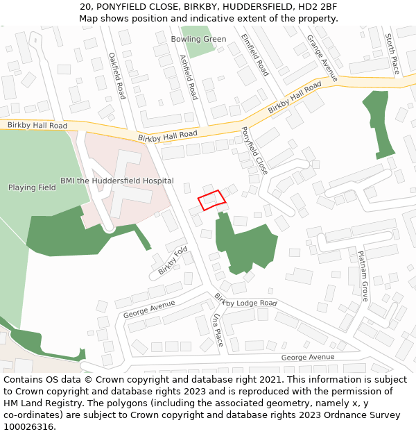 20, PONYFIELD CLOSE, BIRKBY, HUDDERSFIELD, HD2 2BF: Location map and indicative extent of plot