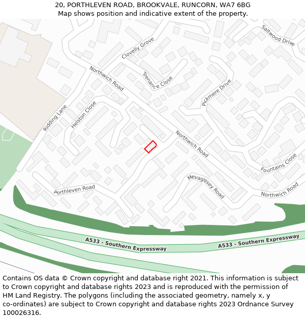 20, PORTHLEVEN ROAD, BROOKVALE, RUNCORN, WA7 6BG: Location map and indicative extent of plot