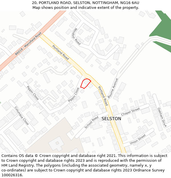 20, PORTLAND ROAD, SELSTON, NOTTINGHAM, NG16 6AU: Location map and indicative extent of plot