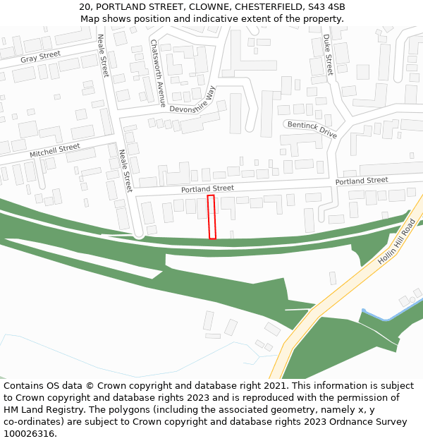 20, PORTLAND STREET, CLOWNE, CHESTERFIELD, S43 4SB: Location map and indicative extent of plot