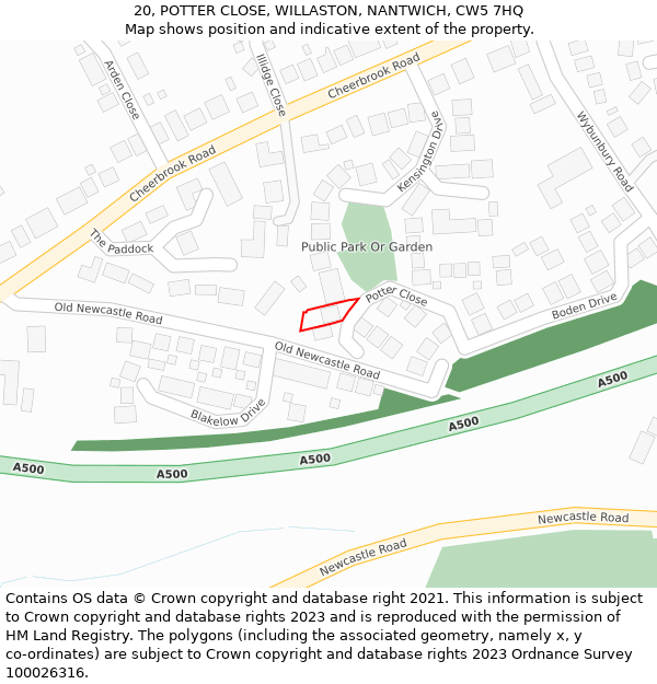 20, POTTER CLOSE, WILLASTON, NANTWICH, CW5 7HQ: Location map and indicative extent of plot