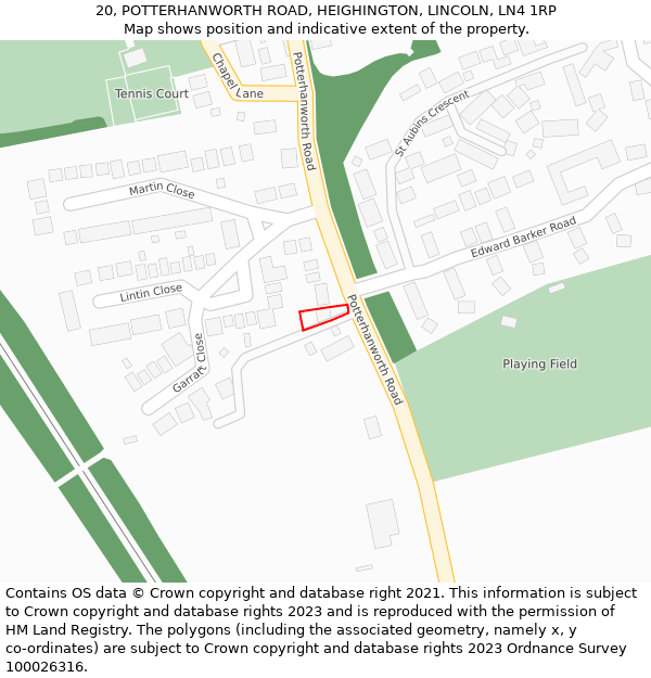 20, POTTERHANWORTH ROAD, HEIGHINGTON, LINCOLN, LN4 1RP: Location map and indicative extent of plot