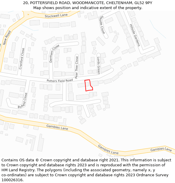 20, POTTERSFIELD ROAD, WOODMANCOTE, CHELTENHAM, GL52 9PY: Location map and indicative extent of plot