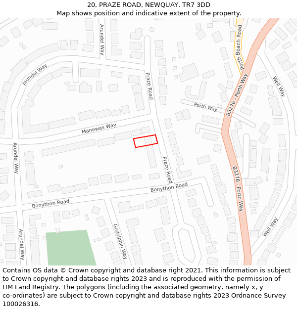 20, PRAZE ROAD, NEWQUAY, TR7 3DD: Location map and indicative extent of plot