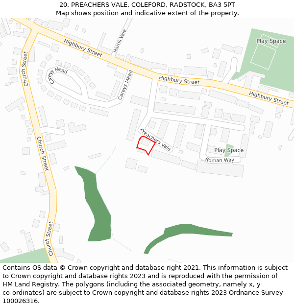 20, PREACHERS VALE, COLEFORD, RADSTOCK, BA3 5PT: Location map and indicative extent of plot