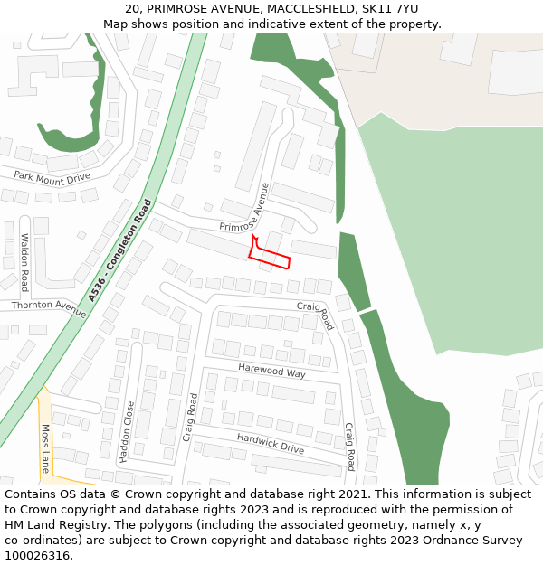 20, PRIMROSE AVENUE, MACCLESFIELD, SK11 7YU: Location map and indicative extent of plot