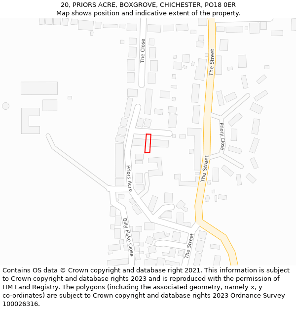 20, PRIORS ACRE, BOXGROVE, CHICHESTER, PO18 0ER: Location map and indicative extent of plot