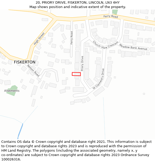 20, PRIORY DRIVE, FISKERTON, LINCOLN, LN3 4HY: Location map and indicative extent of plot