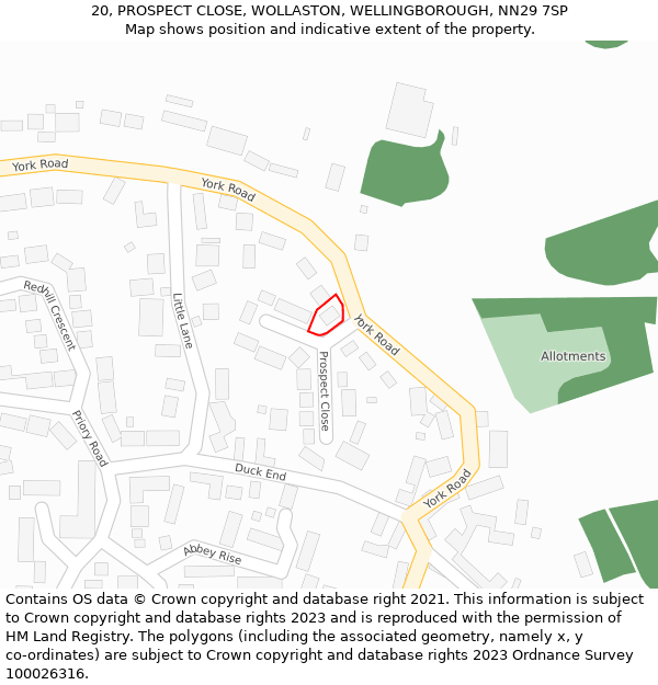 20, PROSPECT CLOSE, WOLLASTON, WELLINGBOROUGH, NN29 7SP: Location map and indicative extent of plot