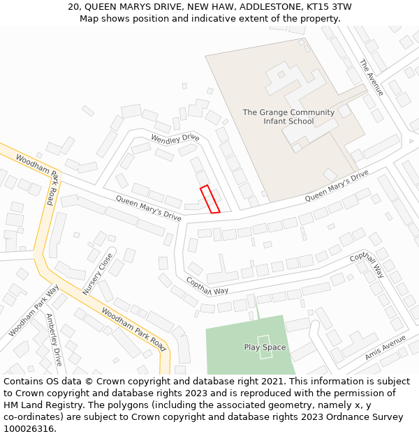 20, QUEEN MARYS DRIVE, NEW HAW, ADDLESTONE, KT15 3TW: Location map and indicative extent of plot