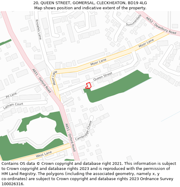 20, QUEEN STREET, GOMERSAL, CLECKHEATON, BD19 4LG: Location map and indicative extent of plot