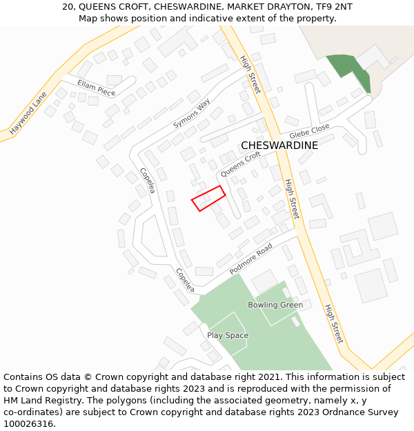 20, QUEENS CROFT, CHESWARDINE, MARKET DRAYTON, TF9 2NT: Location map and indicative extent of plot