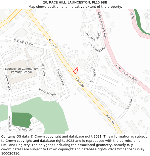 20, RACE HILL, LAUNCESTON, PL15 9BB: Location map and indicative extent of plot