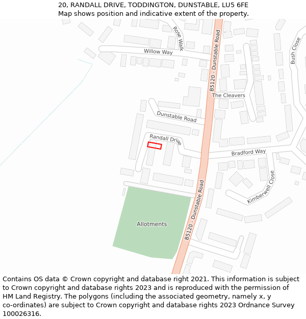 20, RANDALL DRIVE, TODDINGTON, DUNSTABLE, LU5 6FE: Location map and indicative extent of plot