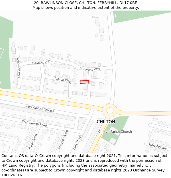 20, RAWLINSON CLOSE, CHILTON, FERRYHILL, DL17 0BE: Location map and indicative extent of plot