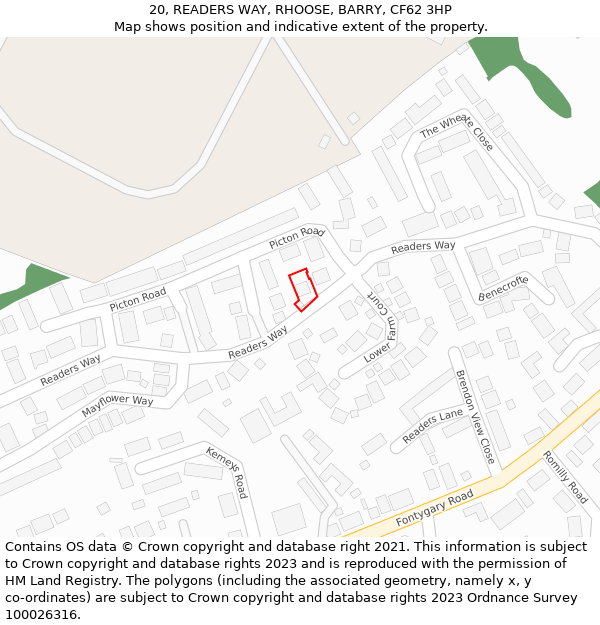 20, READERS WAY, RHOOSE, BARRY, CF62 3HP: Location map and indicative extent of plot