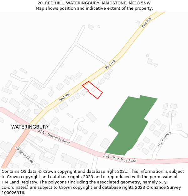 20, RED HILL, WATERINGBURY, MAIDSTONE, ME18 5NW: Location map and indicative extent of plot