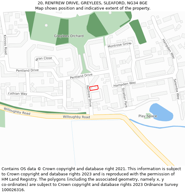 20, RENFREW DRIVE, GREYLEES, SLEAFORD, NG34 8GE: Location map and indicative extent of plot