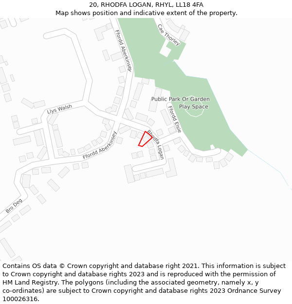 20, RHODFA LOGAN, RHYL, LL18 4FA: Location map and indicative extent of plot