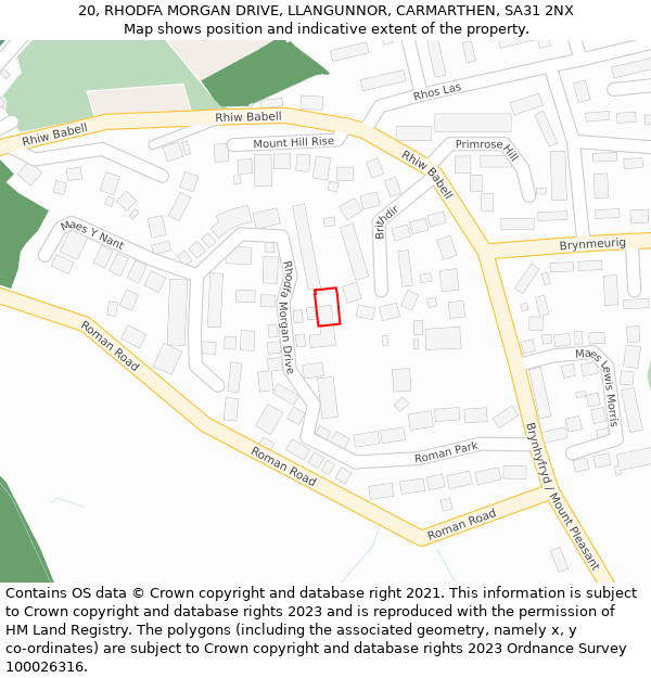 20, RHODFA MORGAN DRIVE, LLANGUNNOR, CARMARTHEN, SA31 2NX: Location map and indicative extent of plot