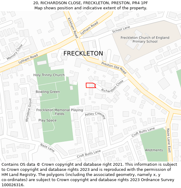 20, RICHARDSON CLOSE, FRECKLETON, PRESTON, PR4 1PF: Location map and indicative extent of plot