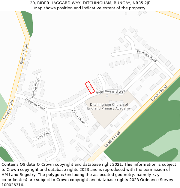 20, RIDER HAGGARD WAY, DITCHINGHAM, BUNGAY, NR35 2JF: Location map and indicative extent of plot