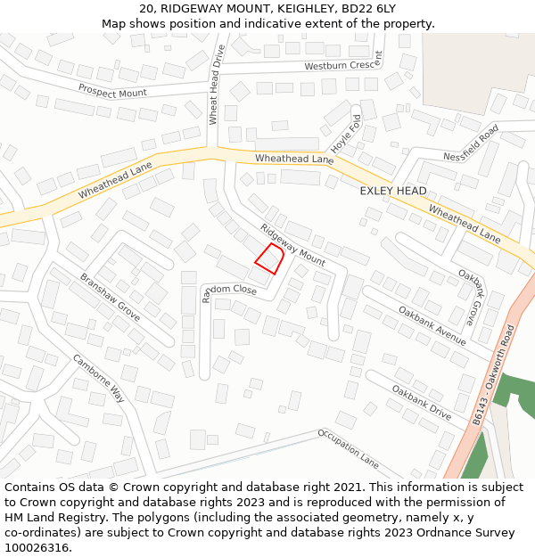 20, RIDGEWAY MOUNT, KEIGHLEY, BD22 6LY: Location map and indicative extent of plot