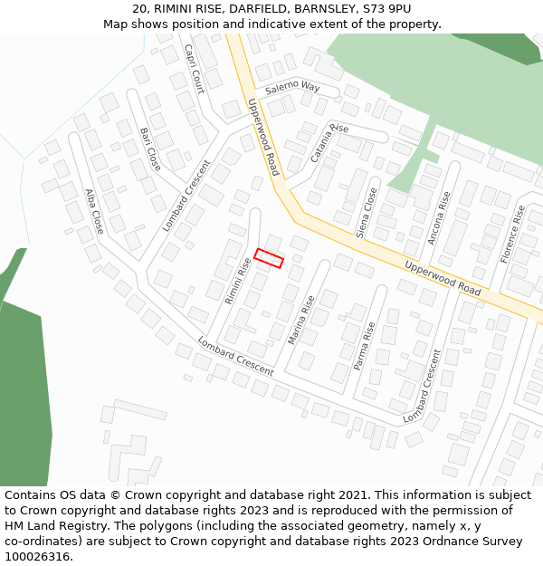 20, RIMINI RISE, DARFIELD, BARNSLEY, S73 9PU: Location map and indicative extent of plot