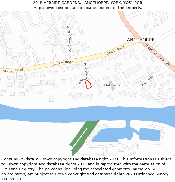 20, RIVERSIDE GARDENS, LANGTHORPE, YORK, YO51 9GB: Location map and indicative extent of plot