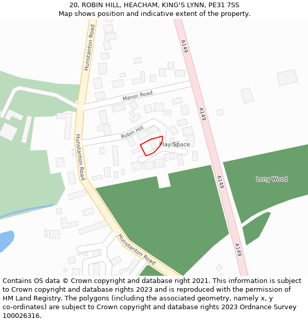 20, ROBIN HILL, HEACHAM, KING'S LYNN, PE31 7SS: Location map and indicative extent of plot