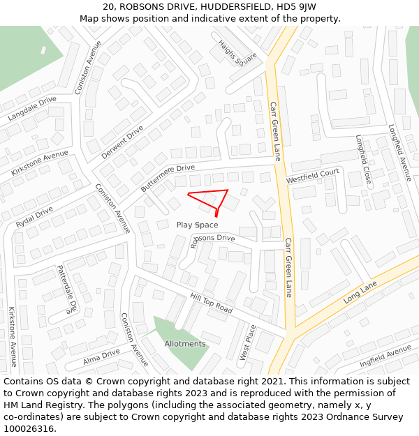 20, ROBSONS DRIVE, HUDDERSFIELD, HD5 9JW: Location map and indicative extent of plot