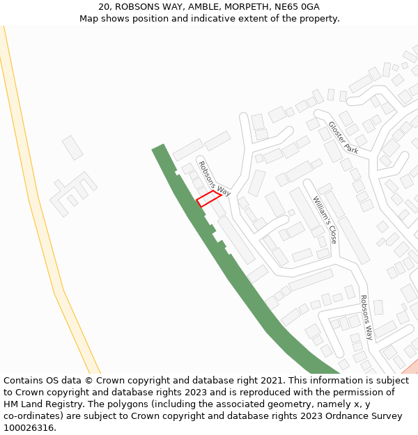 20, ROBSONS WAY, AMBLE, MORPETH, NE65 0GA: Location map and indicative extent of plot