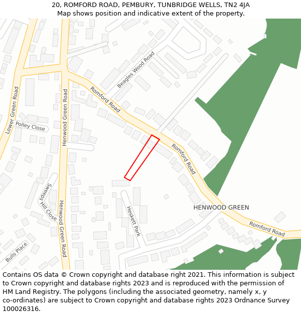 20, ROMFORD ROAD, PEMBURY, TUNBRIDGE WELLS, TN2 4JA: Location map and indicative extent of plot