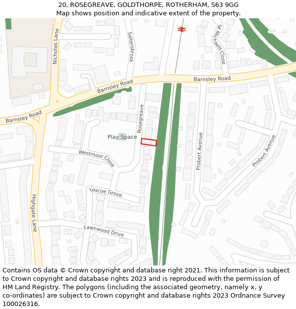 20, ROSEGREAVE, GOLDTHORPE, ROTHERHAM, S63 9GG: Location map and indicative extent of plot