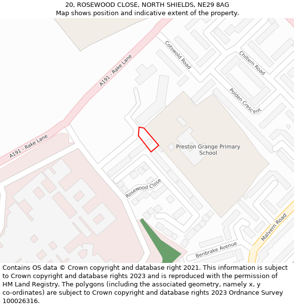 20, ROSEWOOD CLOSE, NORTH SHIELDS, NE29 8AG: Location map and indicative extent of plot