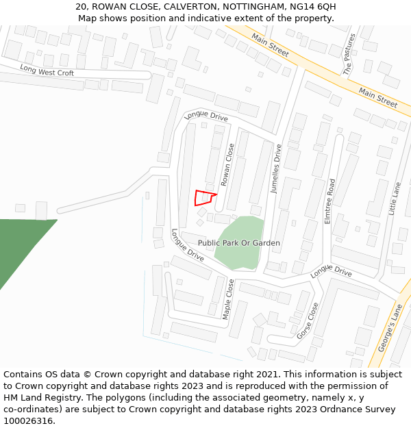 20, ROWAN CLOSE, CALVERTON, NOTTINGHAM, NG14 6QH: Location map and indicative extent of plot