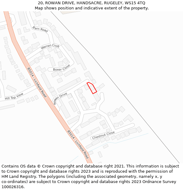 20, ROWAN DRIVE, HANDSACRE, RUGELEY, WS15 4TQ: Location map and indicative extent of plot